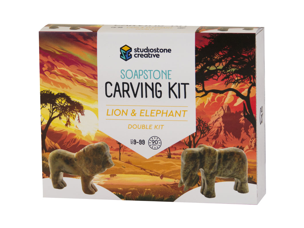 Lion & Elephant Double Soapstone Carving Kit by Studiostone Creative
